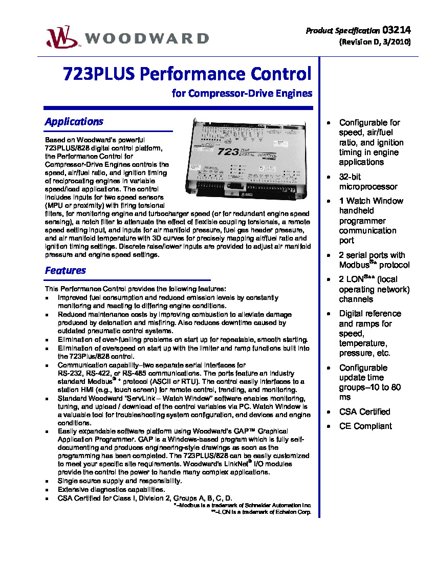 First Page Image of 8230-3011 Woodward 723PLUS Performance Control for Compressor Drive Engines 03214.pdf